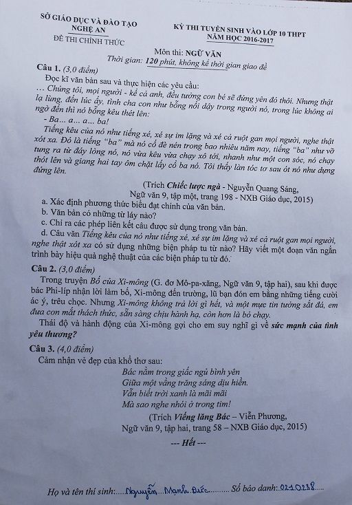 Sức mạnh của tình yêu thương vào đề văn tuyển sinh lớp 10 ở Nghệ An