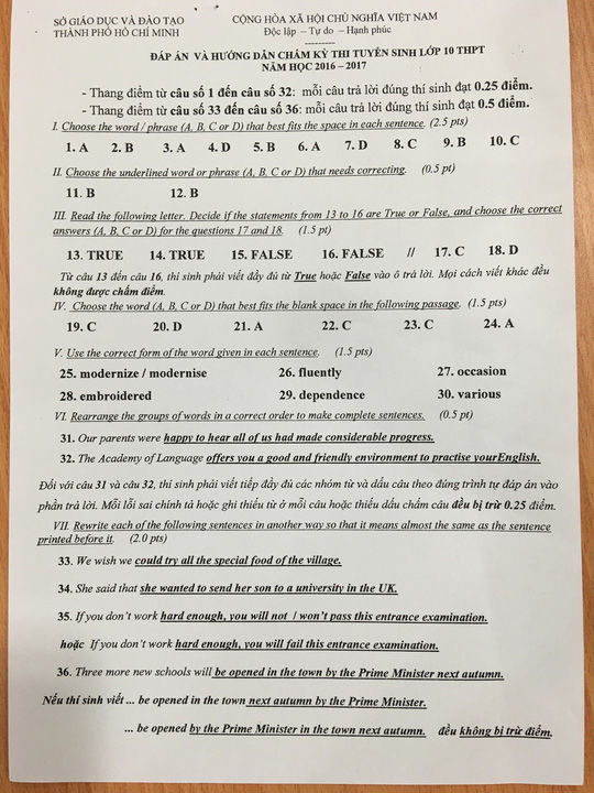 TP HCM công bố đáp án đề thi tuyển sinh lớp 10