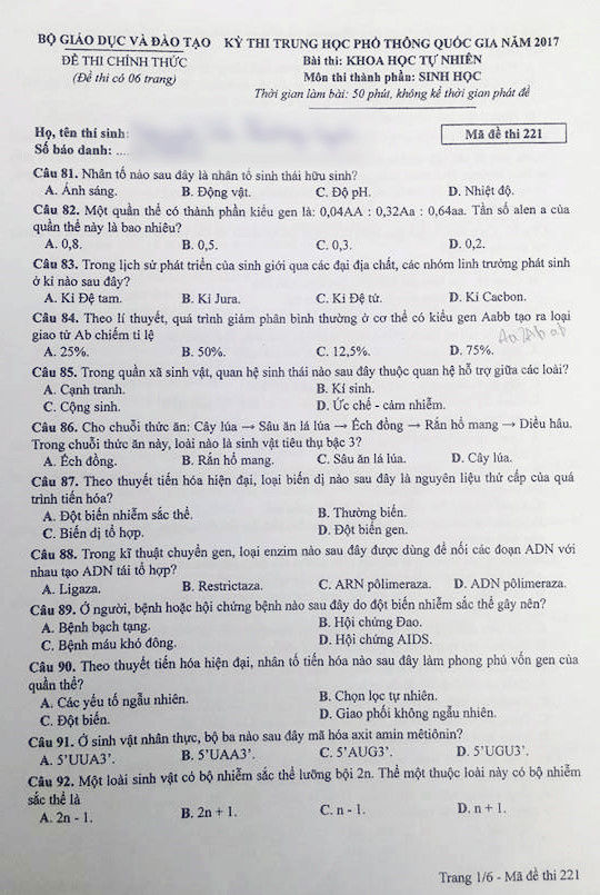 đề thi sinh 2017 đề thi sinh 2017