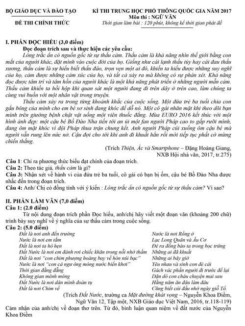 Đề thi môn Văn kỳ thi THPT quốc gia 2017