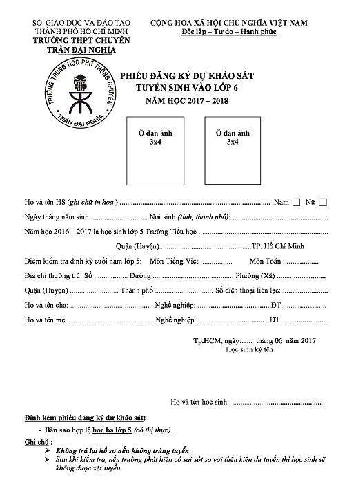 phiếu dự tuyển trường trần đại nghĩa