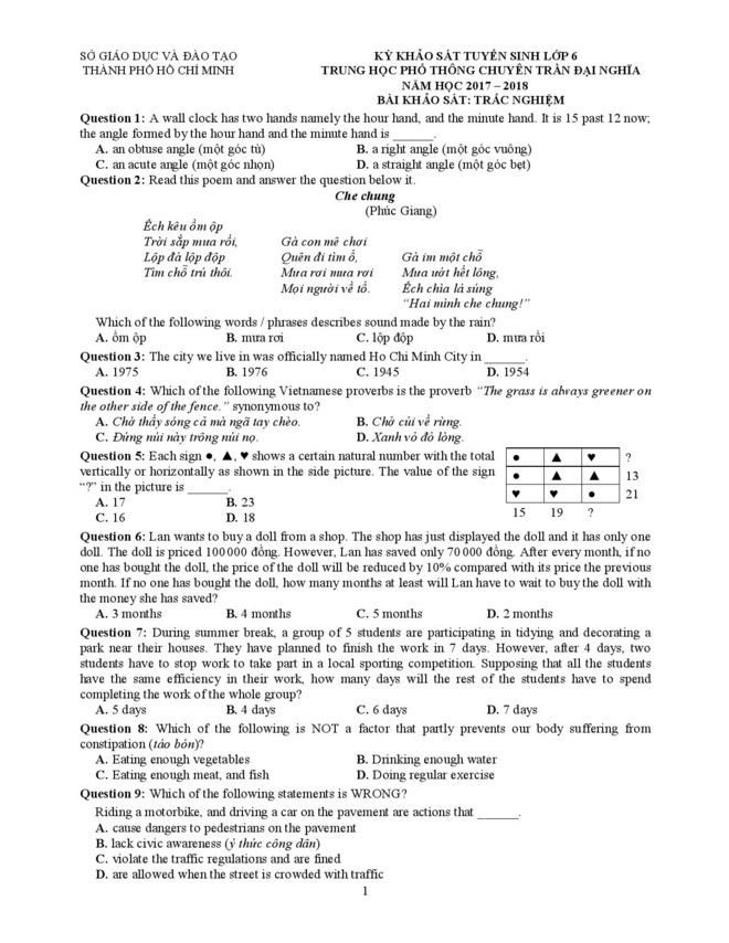 đề tiếng anh lớp 6 trần đại nghĩa
