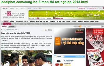 Giả giao diện Vnexpress để đăng tải 6 môn thi tốt nghiệp thpt 2013