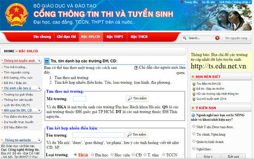 Công khai thông tin tuyển sinh cao đẳng, đại học năm 2015