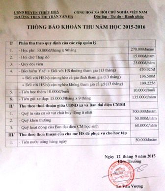 Vụ phụ huynh thắc mắc khoản thu: Kỷ luật hiệu trưởng, dừng các khoản thu