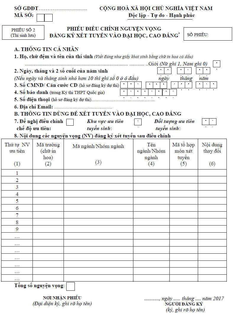 Hướng dẫn điền phiếu điều chỉnh nguyện vọng