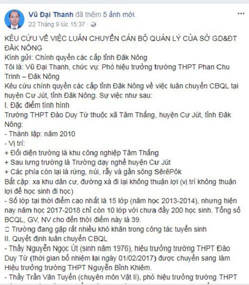 Bị luân chuyển, phó Hiệu trường lên Facebook kêu cứu
