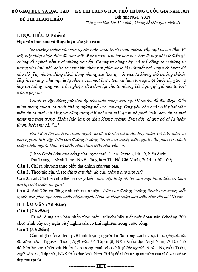 Đề thi minh họa Ngữ văn kỳ thi THPT quốc gia 2018 Đề thi minh họa Ngữ văn kỳ thi THPT quốc gia 2018