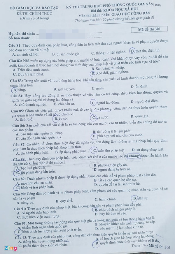 Đề thi môn Giáo dục công dân THPT Quốc Gia năm 2018 - Ảnh 1