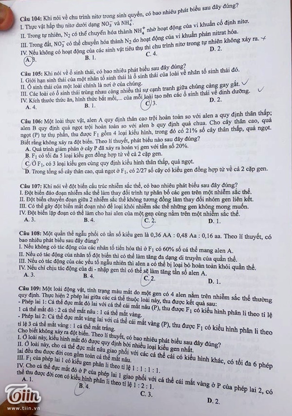 Đề thi môn Sinh học THPT Quốc gia 2018 Đề thi môn Sinh học THPT Quốc gia 2018