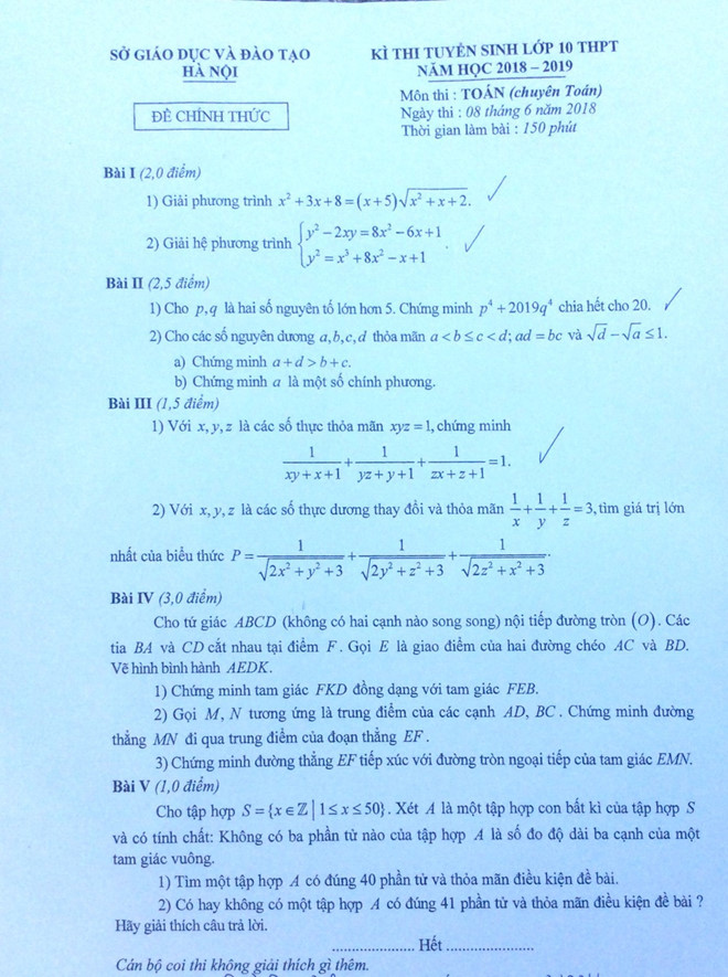 Đề Toán chuyên vào 10 tại Hà Nội học sinh đánh giá: “ Khá khó, tính phân loại cao” Đề Toán chuyên vào 10 tại Hà Nội học sinh đánh giá: “ Khá khó, tính phân loại cao”