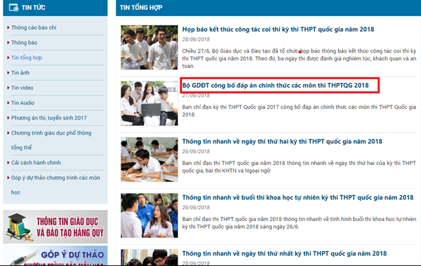 Cuối cùng, bạn hãy click vào bài viết Bộ GD&ĐT công bố đáp án chính thức các môn thi THPTQG 2018 để tra cứu. Cuối cùng, bạn hãy click vào bài viết Bộ GD&ĐT công bố đáp án chính thức các môn thi THPTQG 2018 để tra cứu.