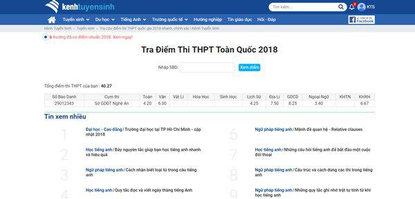 Hướng dân cách xem, tra cứu điểm thi THPT Quốc Gia năm 2018 trên Kênh Tuyển Sinh