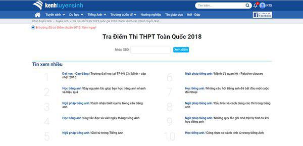 Hướng dân cách xem, tra cứu điểm thi THPT Quốc Gia năm 2018 trên Kênh Tuyển Sinh