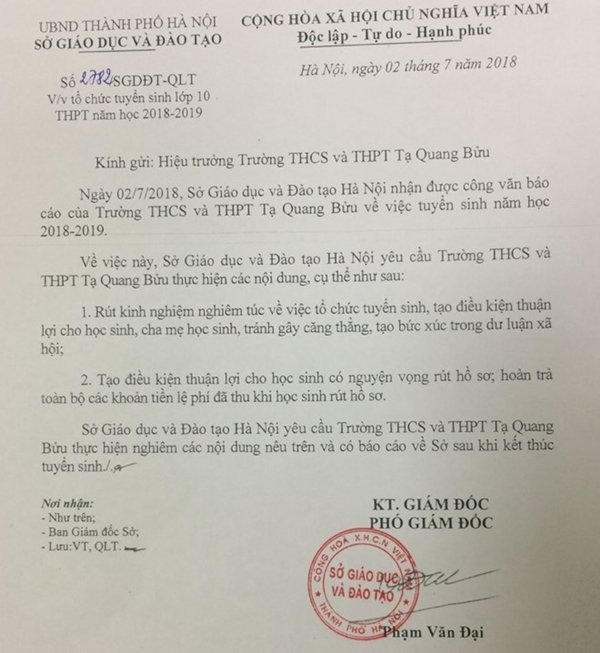 Sở GD&ĐT Hà Nội yêu cầu Trường THCS và THPT Tạ Quang Bửu hoàn trả lệ phí sau khi 'nhảy' điểm chuẩn 46 lên 50,5 - Ảnh 1