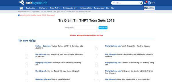 Hướng dân cách xem, tra cứu điểm thi THPT Quốc Gia năm 2018 trên Kênh Tuyển Sinh