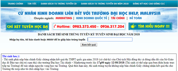 Đại Học Tài Chính Marketing công bố danh sách trúng tuyển năm 2018