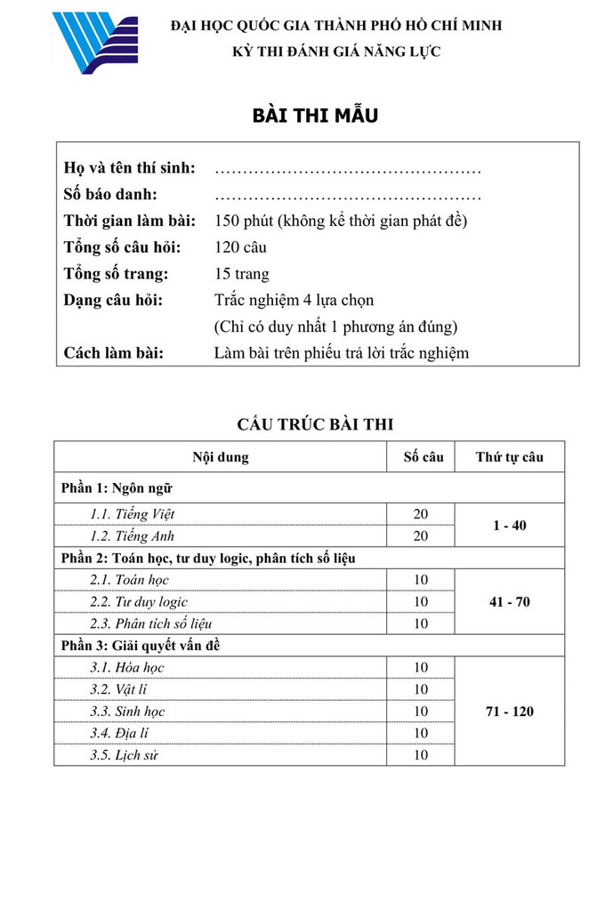 Bài thi mẫu đánh giá năng lực năm 2019