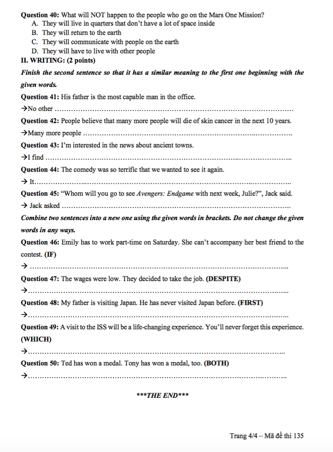 Thi thử lớp 10: Đề thi, đáp án môn Anh trường chuyên Lương Thế Vinh - Ảnh 4