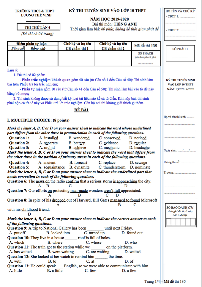 Thi thử lớp 10: Đề thi, đáp án môn Anh trường chuyên Lương Thế Vinh - Ảnh 1