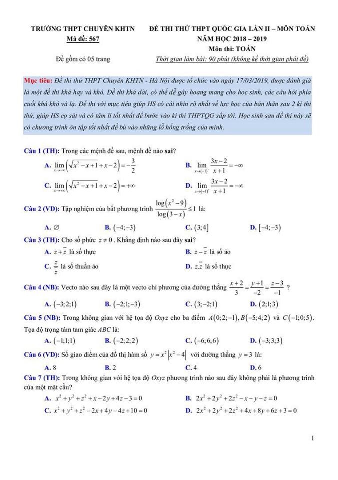 Đề thi thử môn Toán