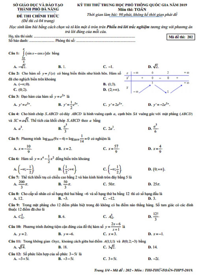 Thi thử THPT 2019: Đề thi thử và đáp án môn Toán ở Đà Nẵng - Ảnh 1