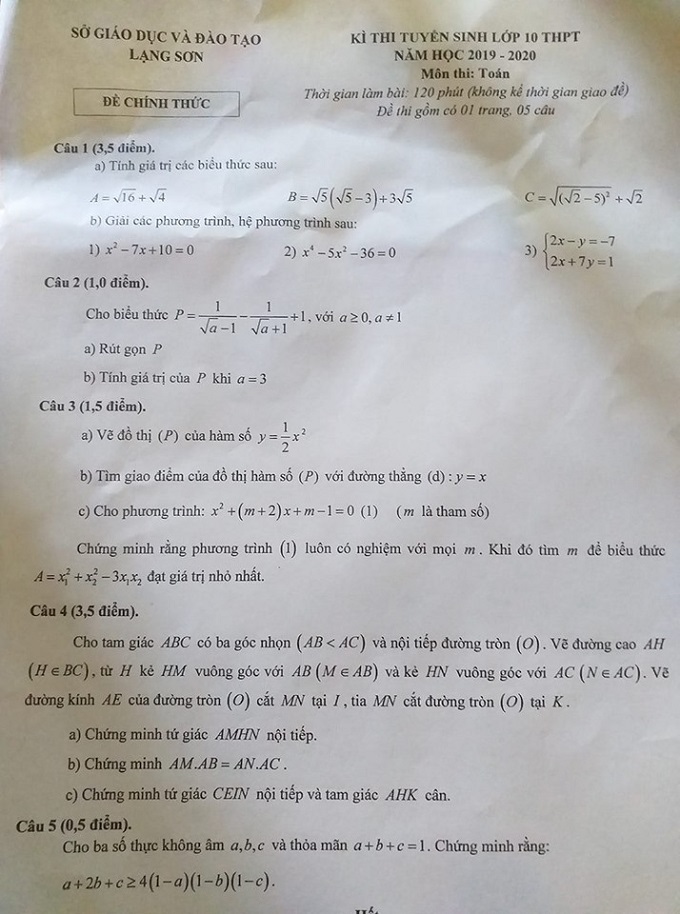 Tuyển sinh lớp 10: Đề thi, đáp án môn Toán thi vào lớp 10 ở Lạng Sơn - Ảnh 1