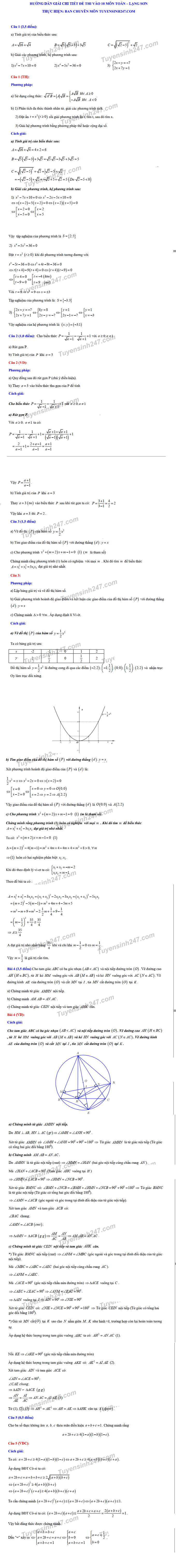 tuyển sinh Lạng Sơn Đáp án môn toán