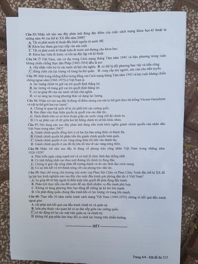 Đề thi môn Lịch sử kỳ thi THPT quốc gia 2019