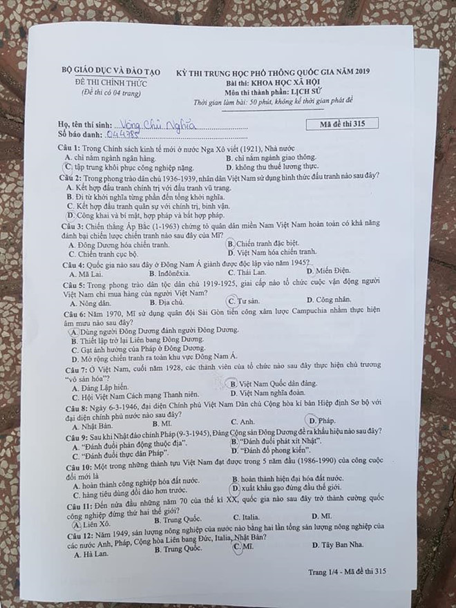 Đề thi môn Lịch sử kỳ thi THPT quốc gia 2019
