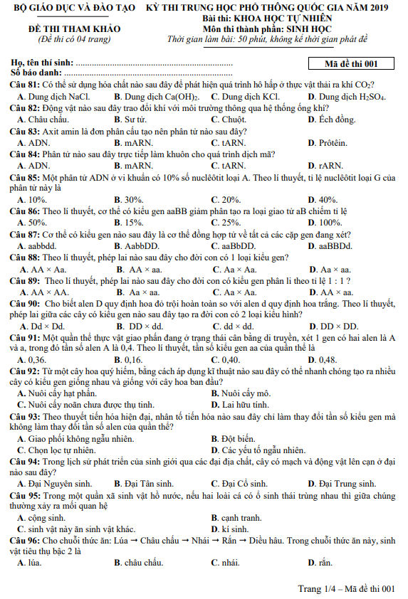 Đề thi tham khảo môn Sinh học THPT quốc gia 2019 [có đề giải] - Ảnh 1