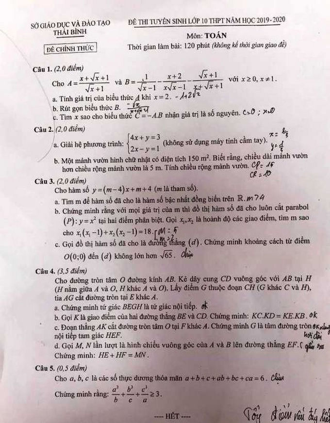 Tuyển sinh lớp 10 Thái Bình: Đề thi môn Toán hơi dài  nhưng không khó - Ảnh 1