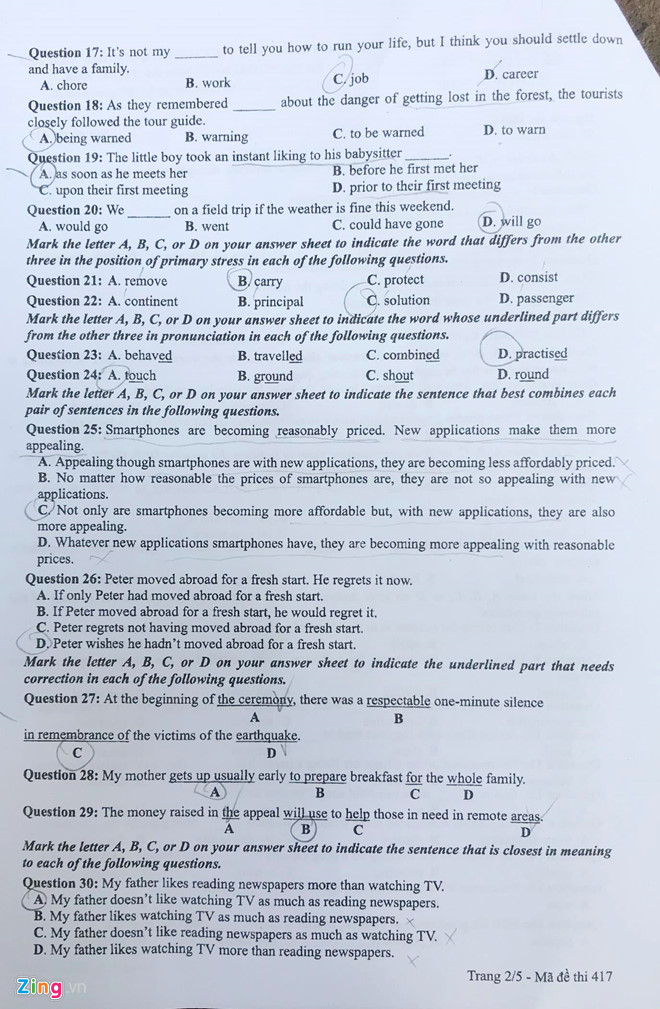 Đề thi môn tiếng Anh kỳ thi THPT quốc gia 2019