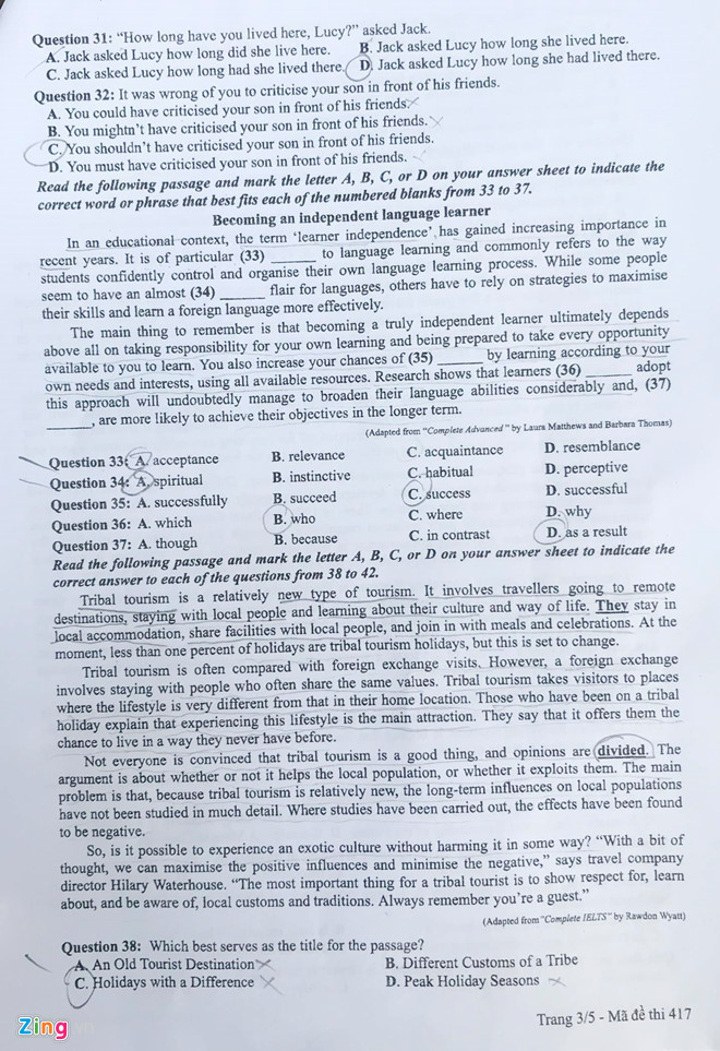 Đề thi môn tiếng Anh kỳ thi THPT quốc gia 2019