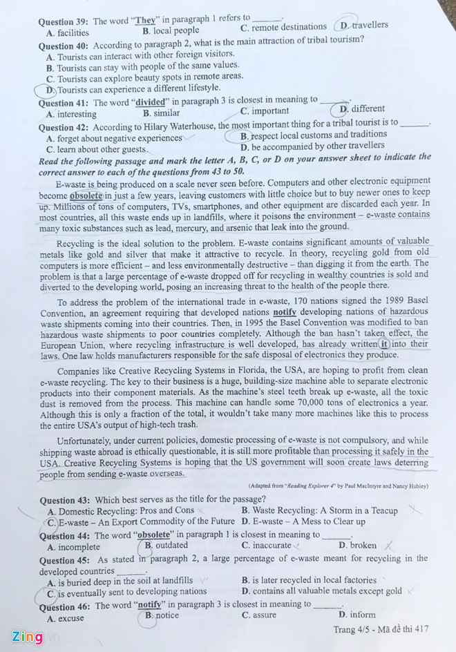 Đề thi môn tiếng Anh kỳ thi THPT quốc gia 2019