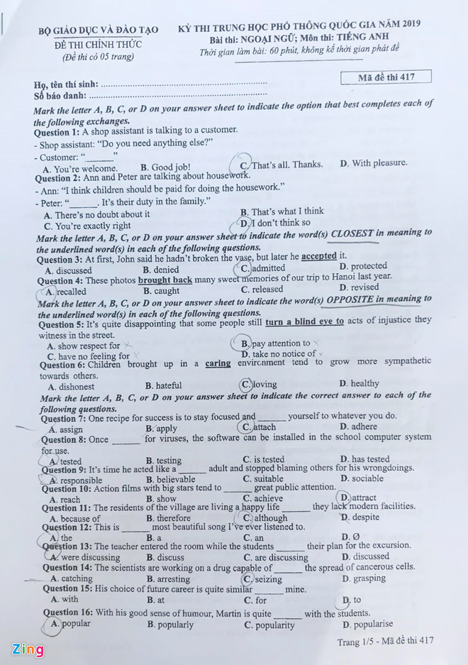 Đề thi môn tiếng Anh kỳ thi THPT quốc gia 2019