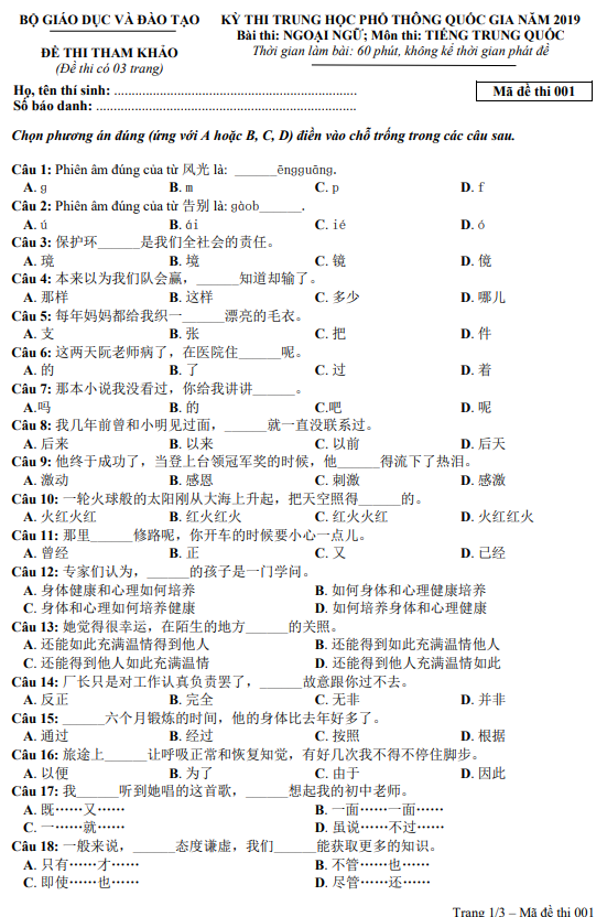 Đề thi tham khảo tiếng Trung THPT quốc gia 2019 - Ảnh 1