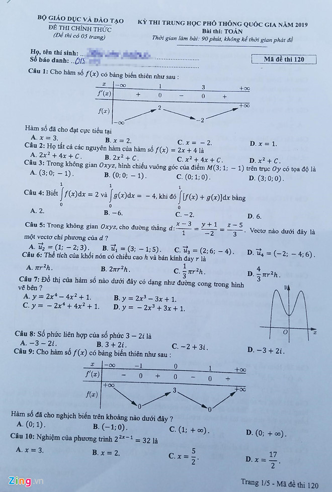 Đề thi môn Toán THPT quốc gia 2019 Đề thi môn Toán THPT quốc gia 2019