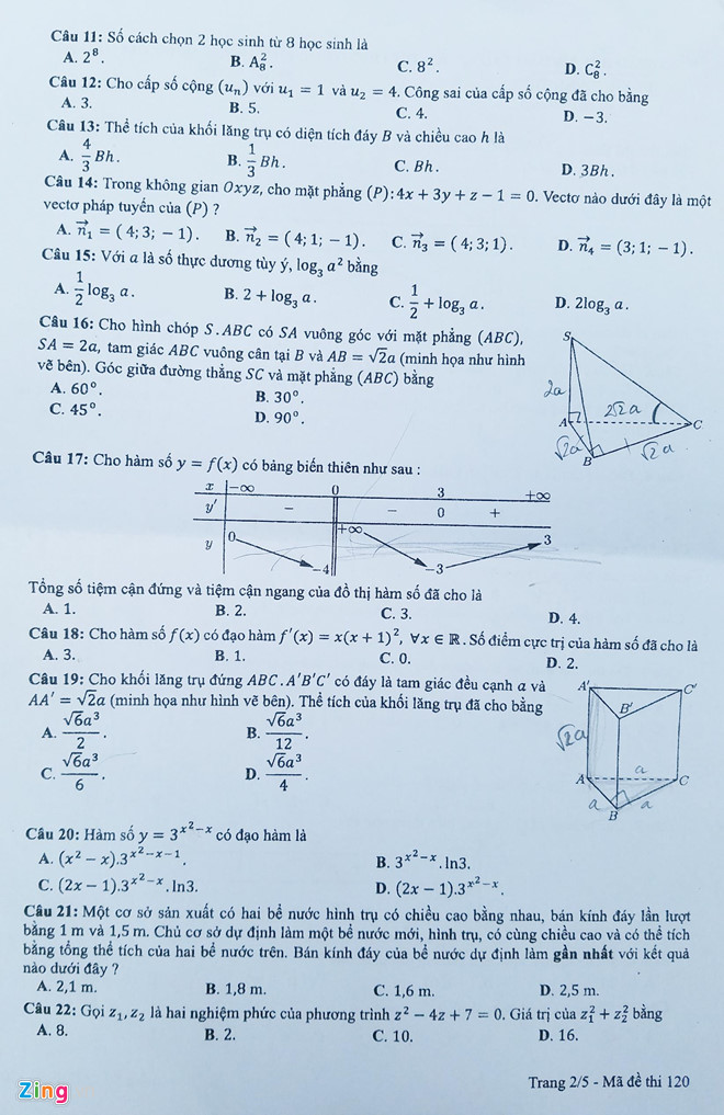 Đề thi môn Toán THPT quốc gia 2019