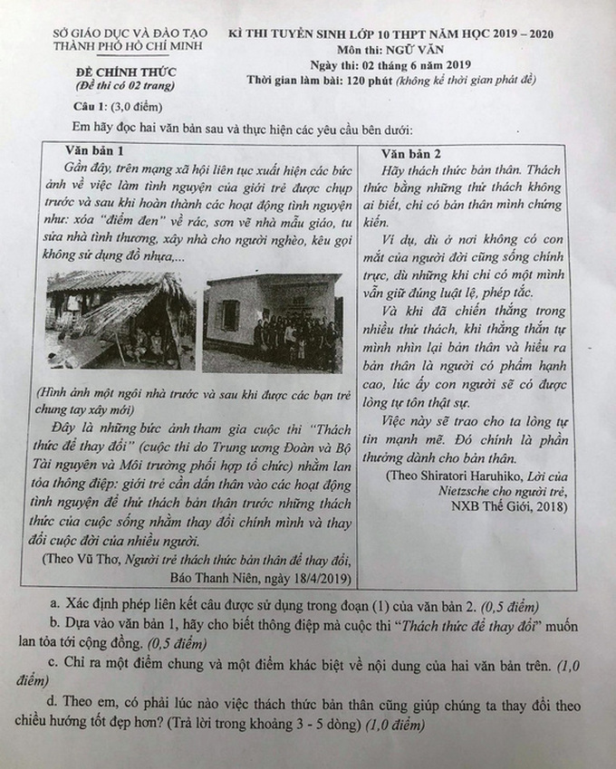 Tuyển sinh 10 TP HCM: Công bố đề thi môn Văn  - Ảnh 1