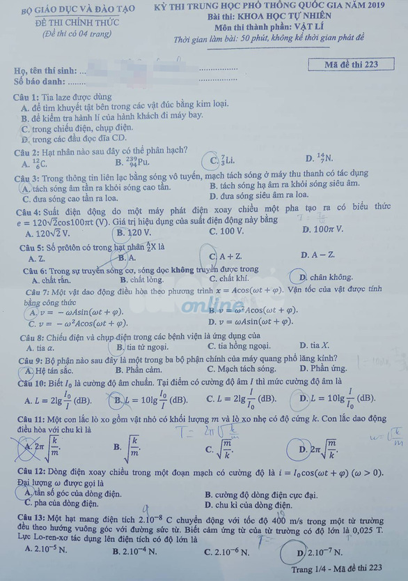 Đề thi môn Vật lý kỳ thi THPT quốc gia 2019 Đề thi môn Vật lý kỳ thi THPT quốc gia 2019