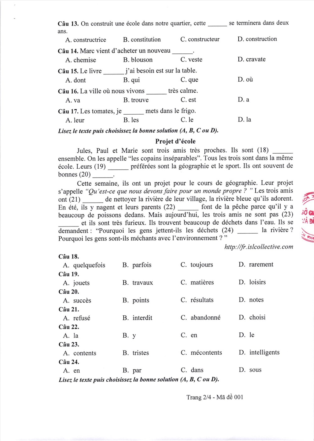 thi tiếng Pháp vào lớp 10 thi tiếng Pháp vào lớp 10