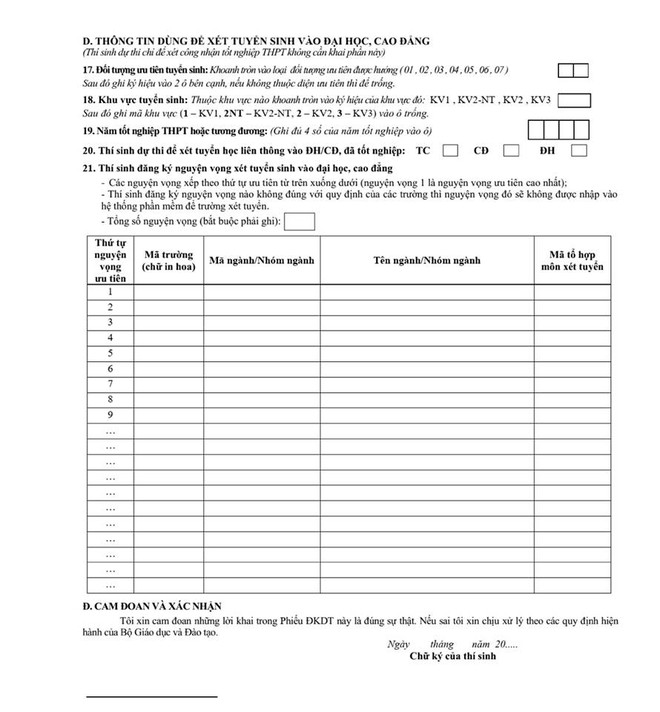 mẫu phiếu đăng ký thi tốt nghiệp 2020
