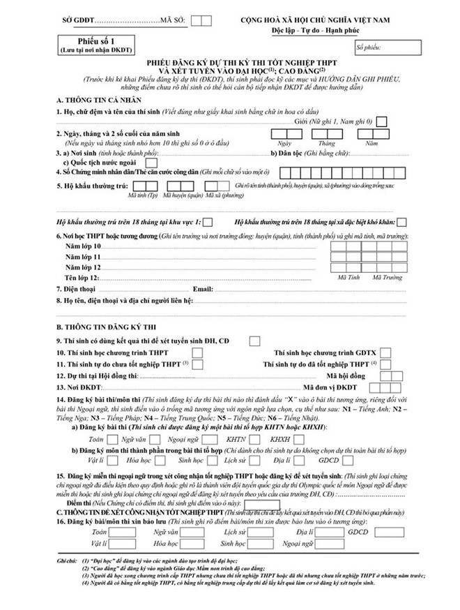 Mẫu phiếu đăng ký dự thi tốt nghiệp THPT 2020