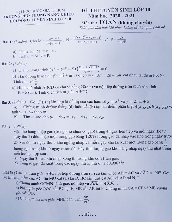 Đề thi Toán (không chuyên) vào lớp 10 Phổ thông Năng khiếu năm 2020 - Ảnh 1