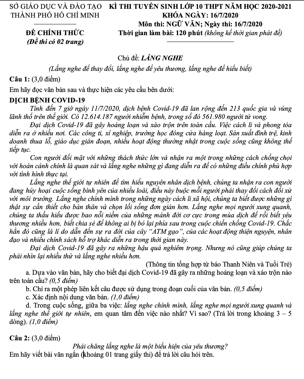 Đáp án thi tuyển sinh lớp 10 môn Ngữ Văn tại TP.HCM - Ảnh 1