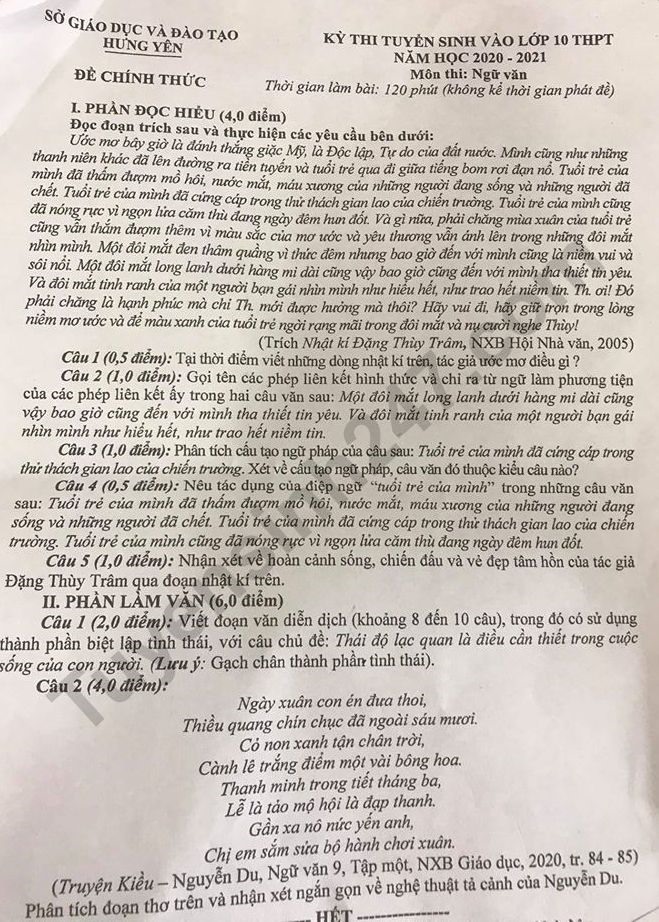 Đề và đáp án các môn thi tuyển sinh lớp 10 ở Hưng Yên năm 2020 - Ảnh 6