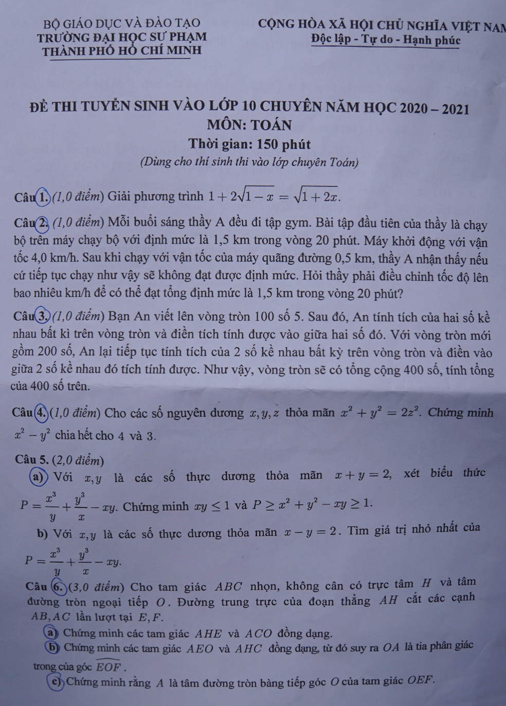 Tổng hợp đề thi môn chuyên lớp 10 trường TH Thực hành ĐH. Sư Phạm - Ảnh 1