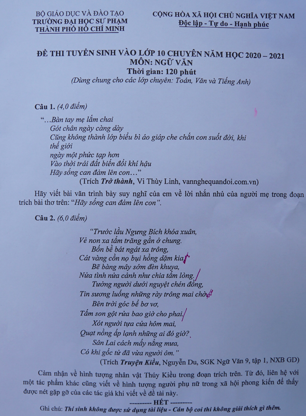 Gợi ý đáp án bài thi môn Văn vào lớp 10 trường THTH ĐH. Sư Phạm - Ảnh 1