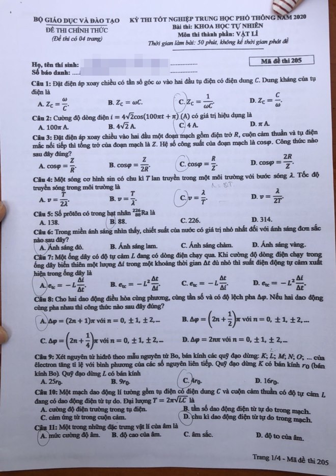 Đề thi & Đáp án môn Vật Lý THPT quốc gia 2020 - Ảnh 2